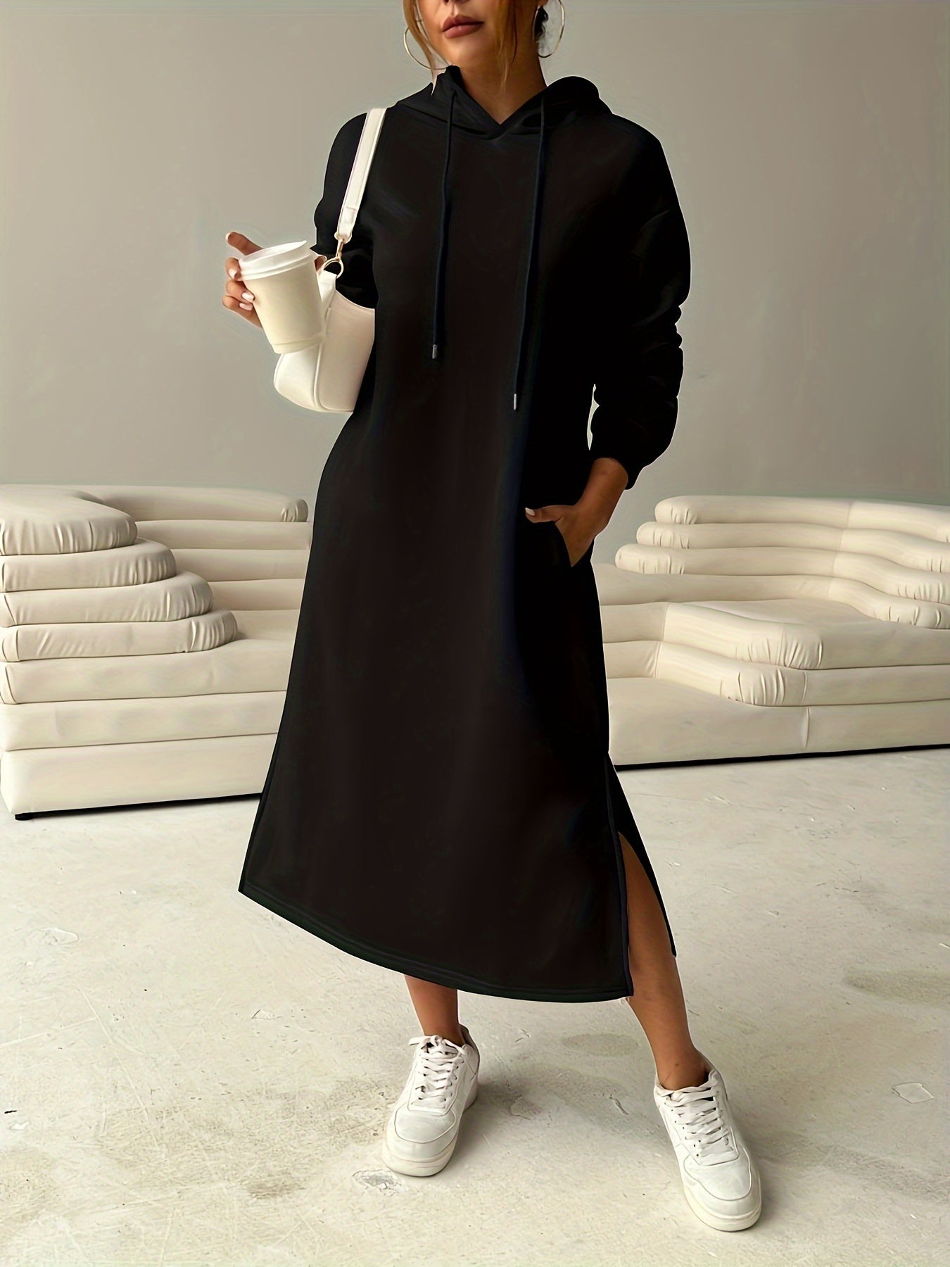 Cozy Letter Print Drawstring Hooded Sweatshirt Dress - Women's Casual Long Sleeve Loose Fit Clothing for Fall & Winter, Soft and Warm Fleece Lined Dress with Adjustable Drawstring Waist
